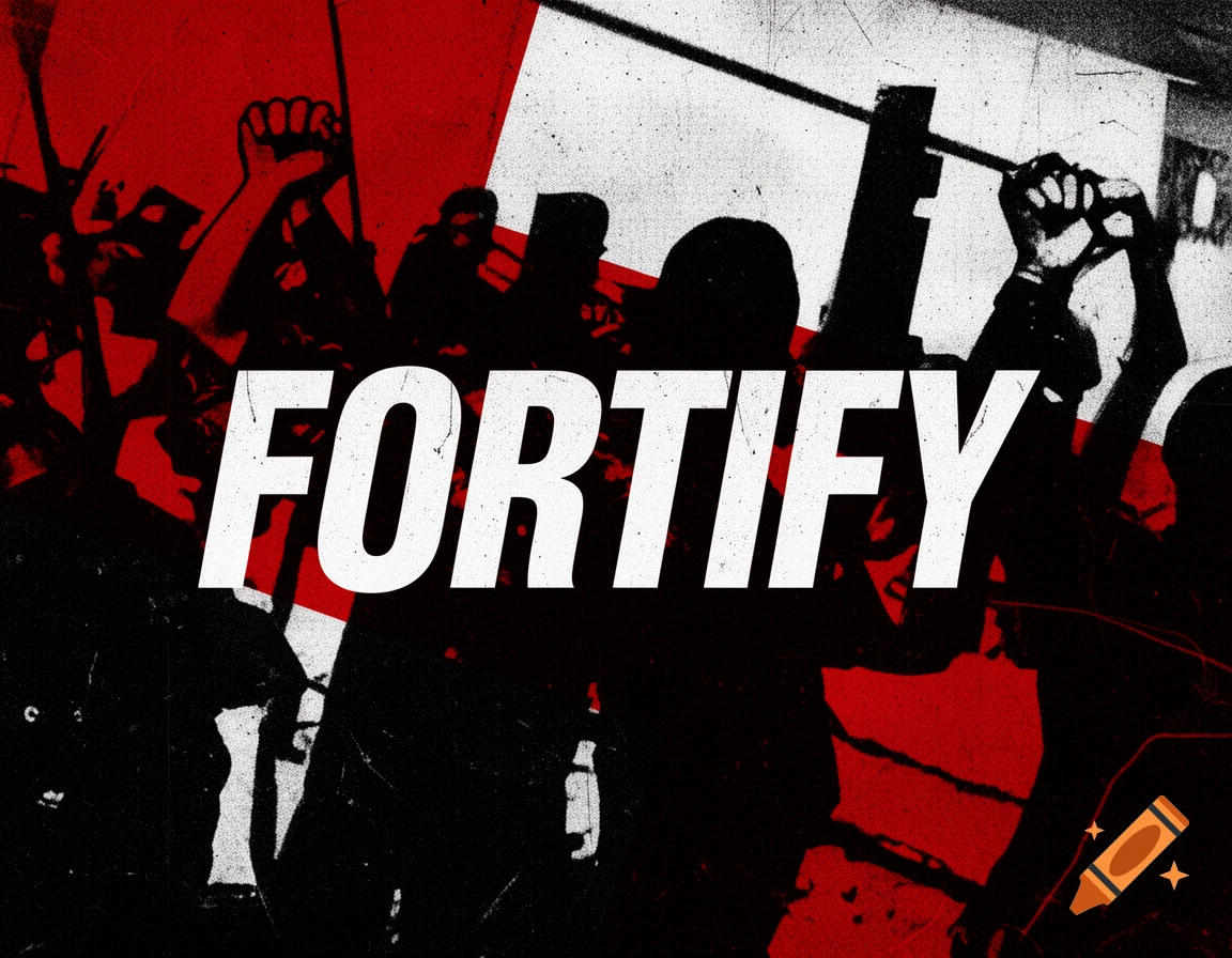 Graphic design of the word 'FORTIFY' in bold white over silhouetted protesters with raised fists in red and black.