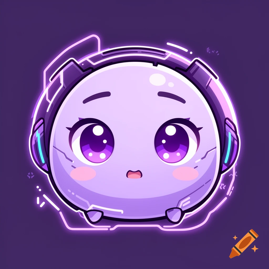 A cute, round, chibi-style character with large purple eyes and pink cheeks, wearing futuristic purple headphones, glowing with neon light.