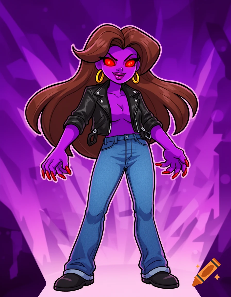 Mommy Mearest in a black leather jacket and blue jeans, with purple skin, red eyes, and sharp nails, in a 2D game art style.