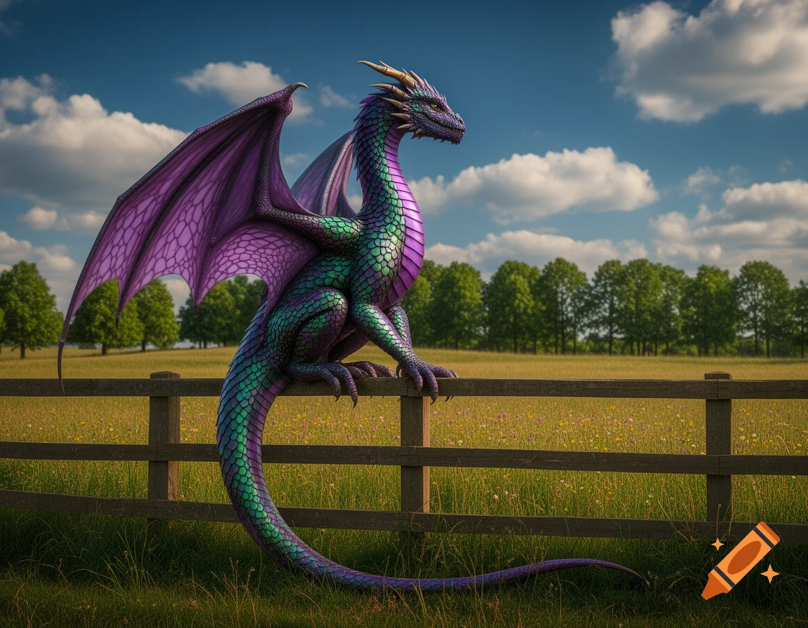 A vibrant purple and green dragon with large wings perches on a rustic wooden fence in a sunny meadow.