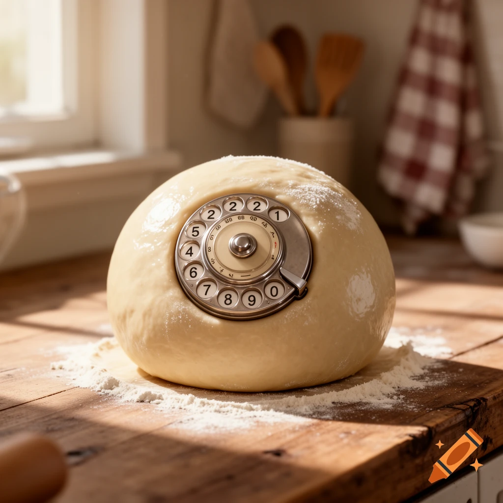 A photorealistic image of a large ball of dough with a vintage rotary phone dial embedded in its center, resting on a wooden kitchen counter illuminated by sunlight.