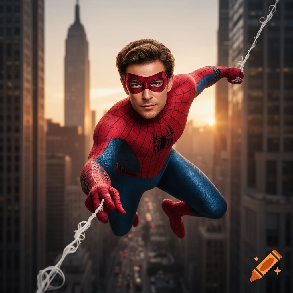 Photorealistic image of a man in a red and blue Spider-Man suit with a face mask, flying above a city street at sunset, extending a web.