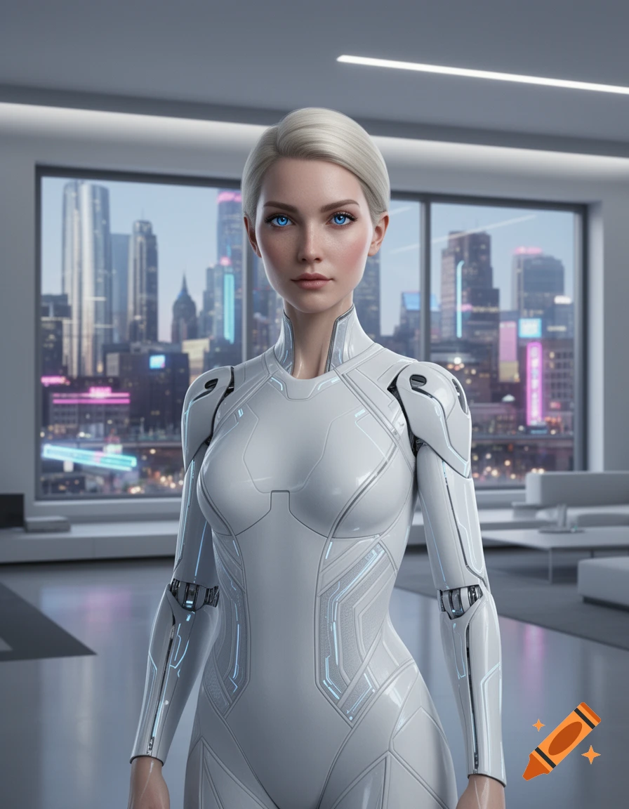 A photorealistic image of a blonde female android in a white futuristic suit, with blue eyes, standing in an office with a city skyline in the background.