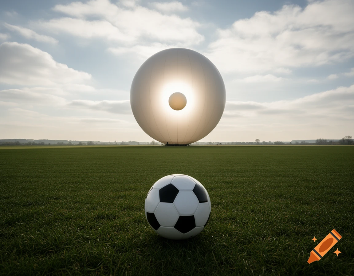 A soccer ball on a green field with a large white sphere in the background, a small light source perfectly eclipsing its center, creating a luminous rim.