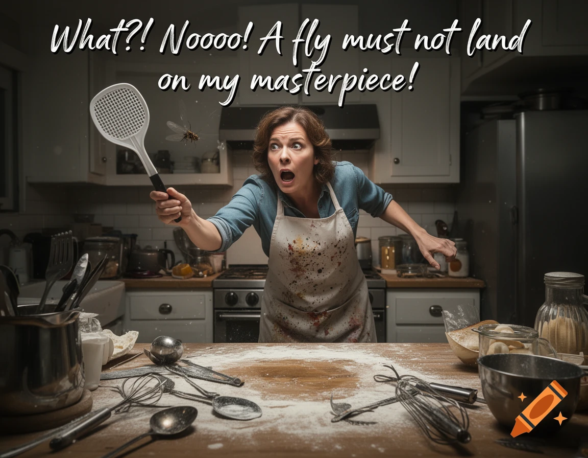 A panicking woman with a flyswatter in a messy kitchen shouts at a fly, with dialogue 'What?! Noooo! A fly must not land on my masterpiece!'