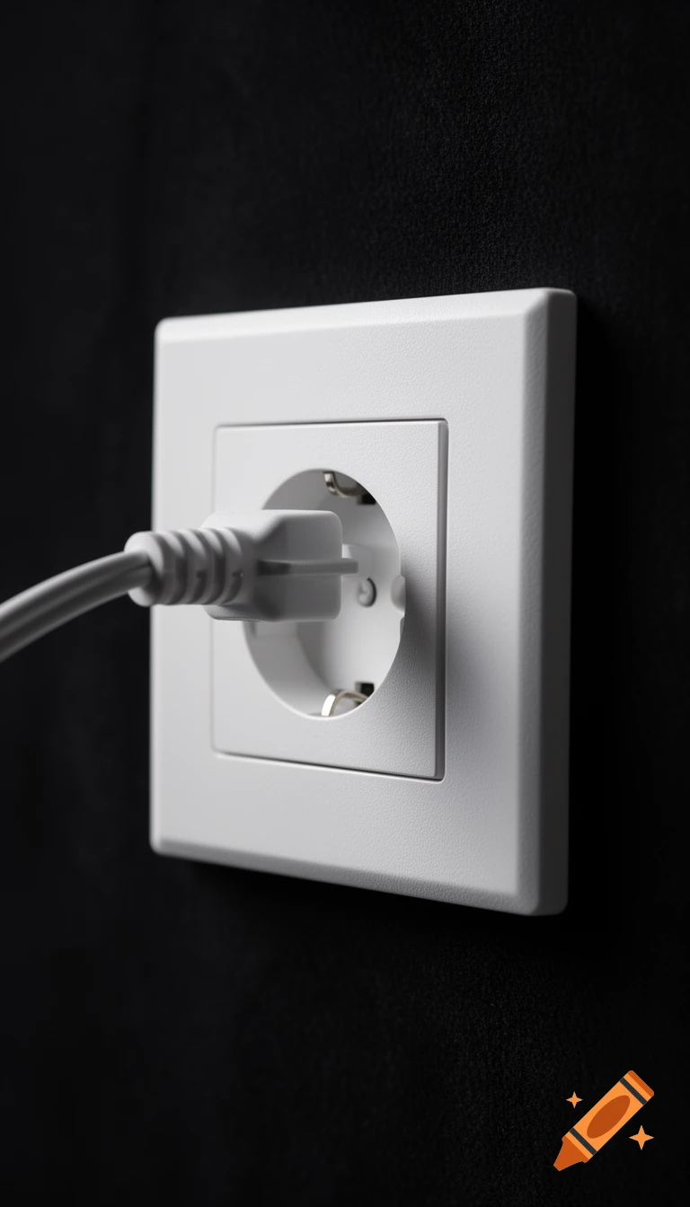 Cinematic close-up of a white power outlet on a dark background, with a white power cord plugged in.