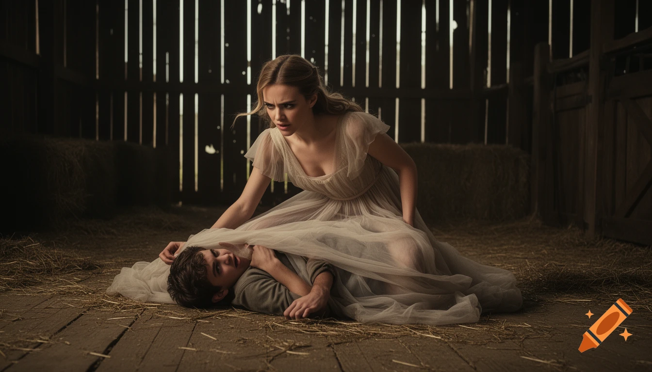 A woman in a sheer dress kneels over a boy lying on his back on a wooden floor in a dimly lit barn.