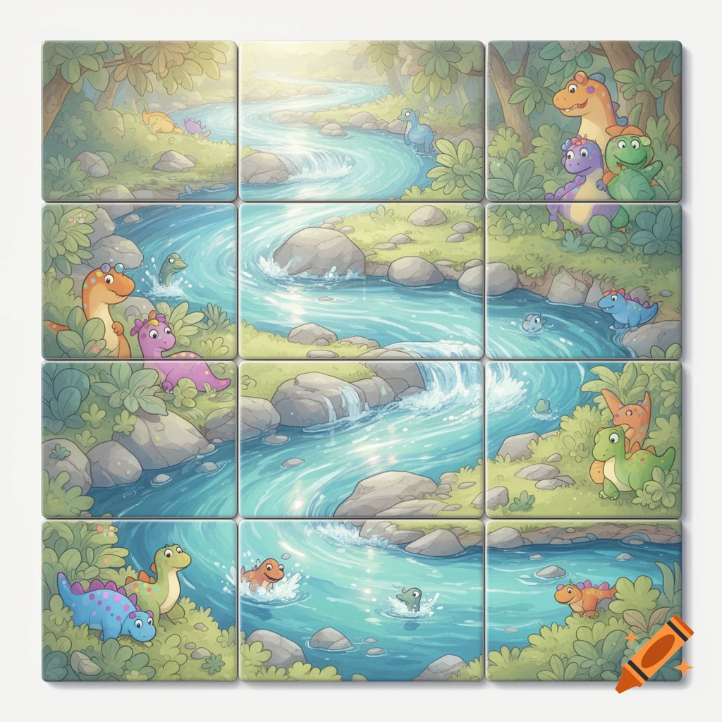 A tiled cartoon illustration of a river flowing through a lush landscape, with cute dinosaurs playing in and around the water.
