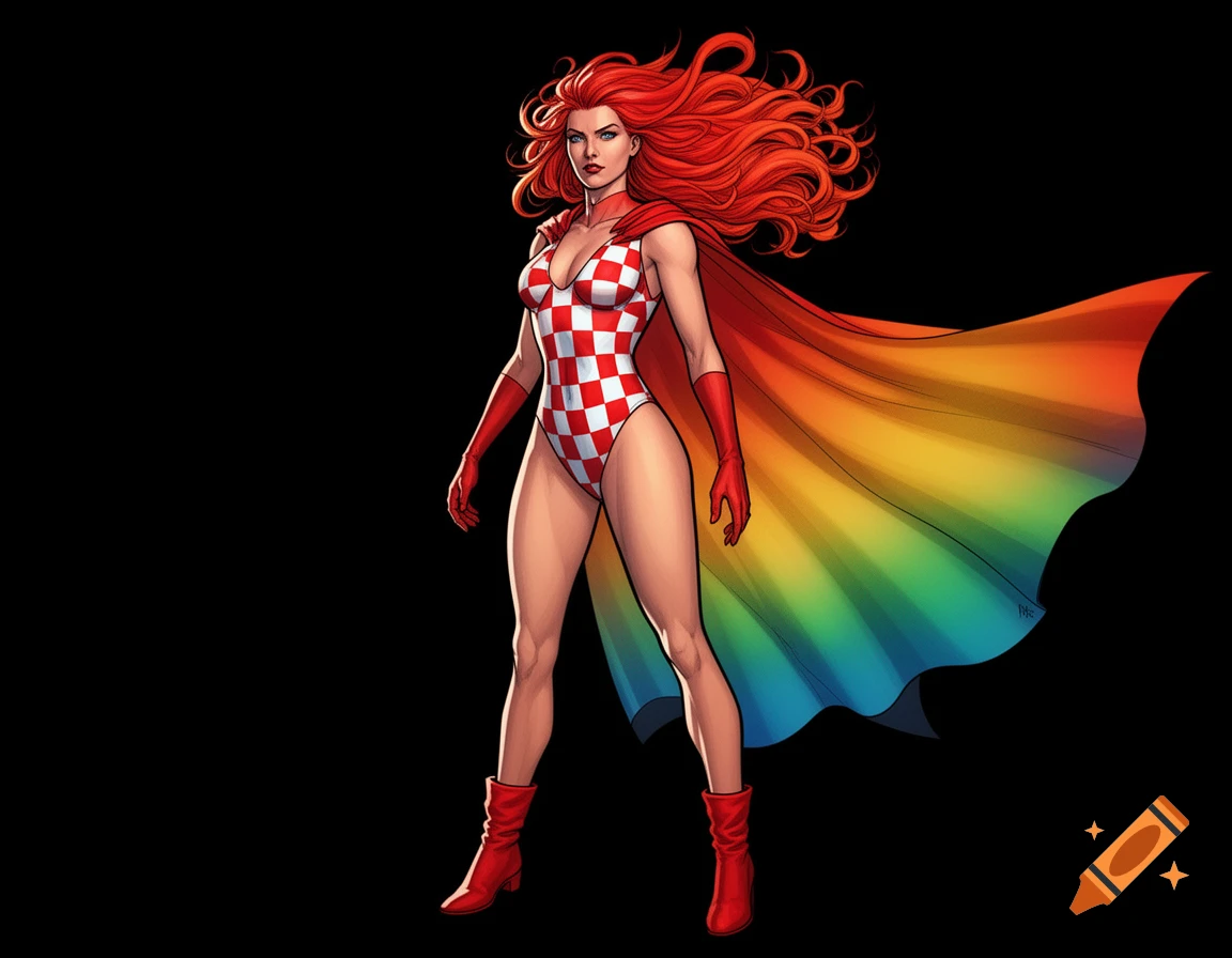 A female superhero with long red hair, wearing a red and white checkered bodysuit, red gloves, red boots, and a flowing rainbow cape on a black background.