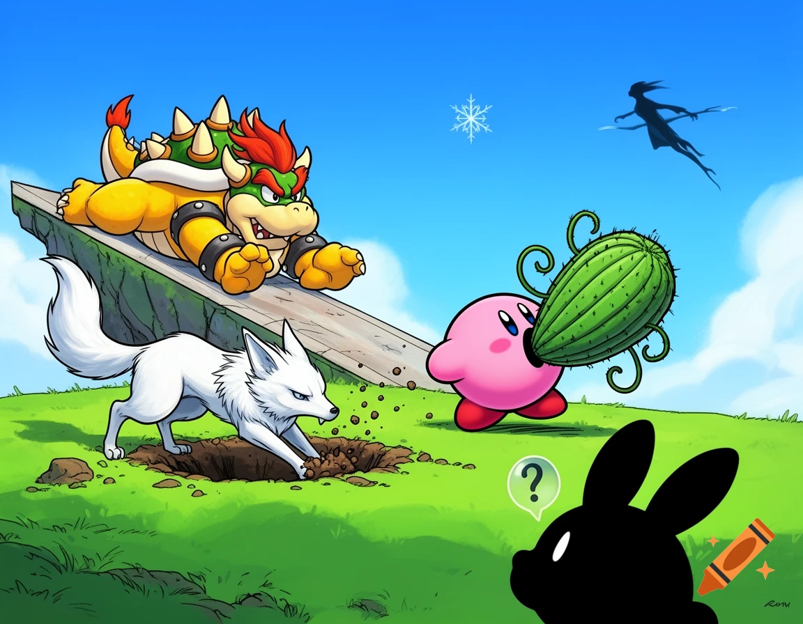 Colorful cartoon of Bowser on a ramp, a white fox digging, Kirby eating a cactus, a rabbit with a question mark, and a dark flying figure in the sky.