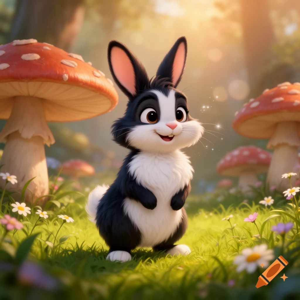 A cute black and white cartoon rabbit with big eyes stands in a vibrant, sunny forest with red-capped mushrooms.