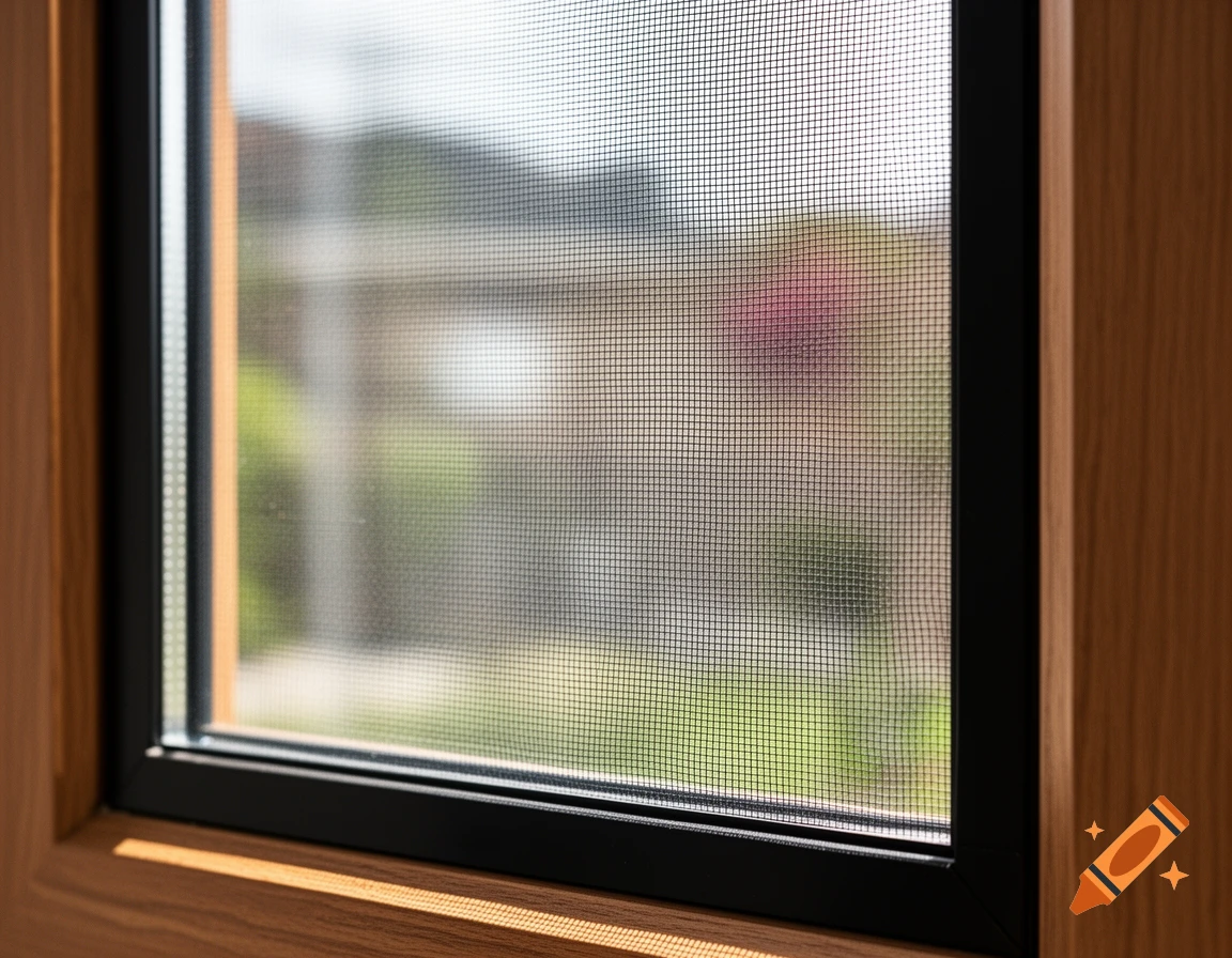 Close-up, angled view of a window with a black-framed fly screen, showing an out-of-focus green outdoor scene in a photorealistic style.