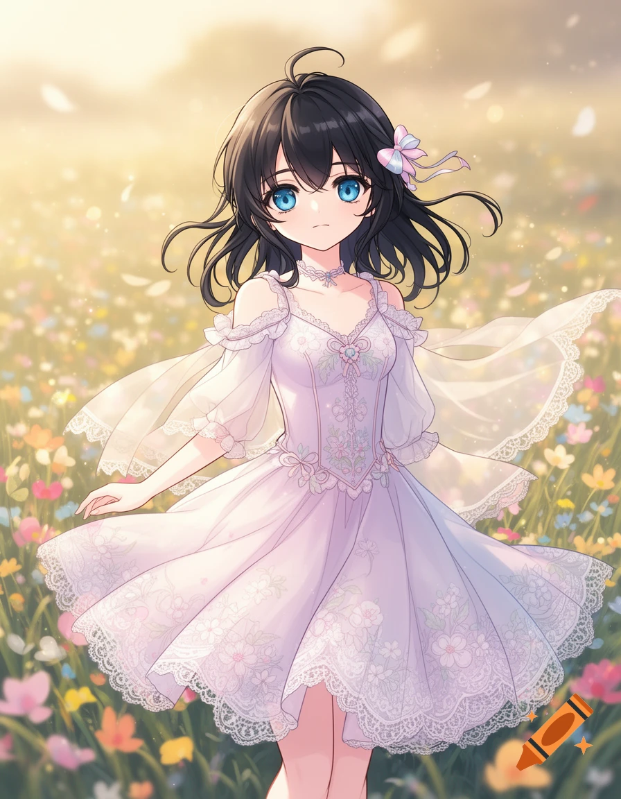 Anime girl with dark hair and blue eyes in a lavender dress with lace standing in a field of colorful flowers.