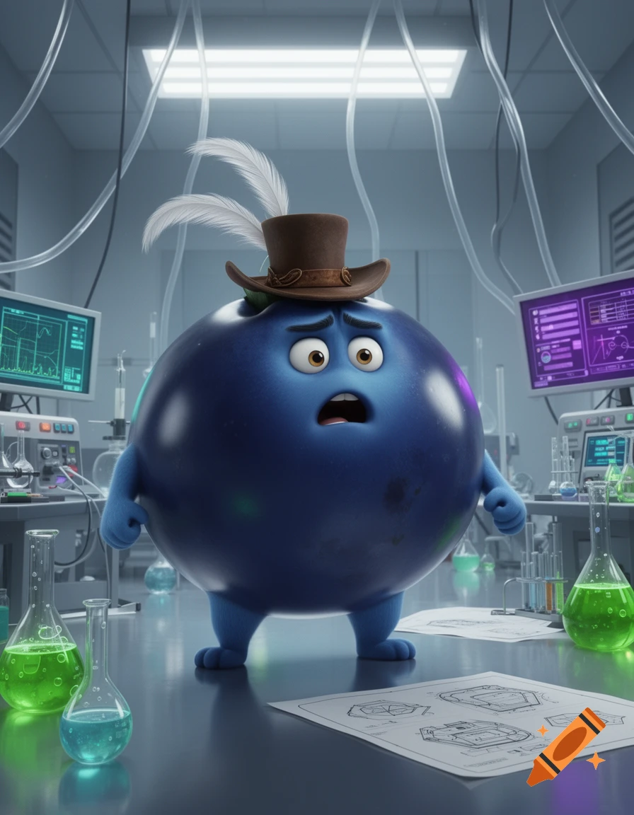 A surprised, large, round blue cartoon character with a feathered top hat stands in a brightly lit science lab.