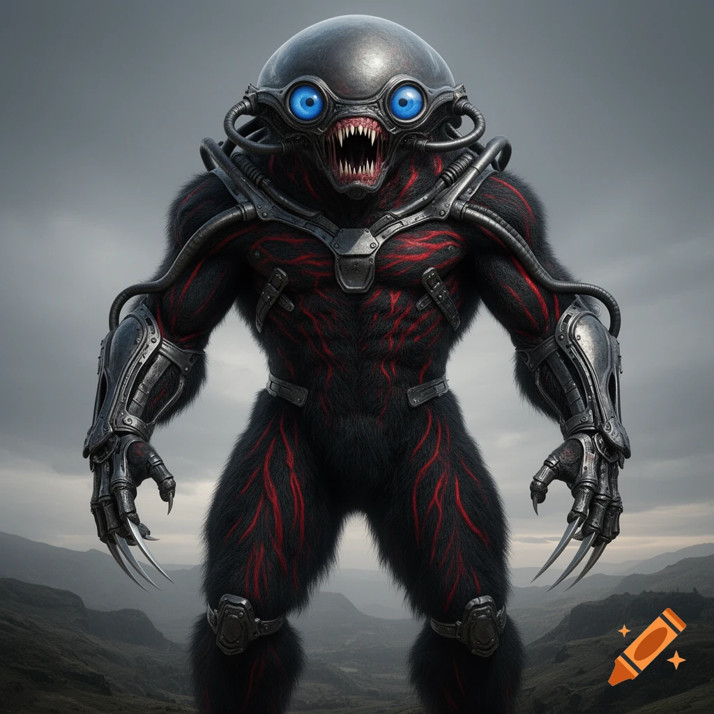 A giant, furry black alien warrior with red markings, large blue eyes, sharp teeth, a metal exoskeleton, and long claws stands in a barren landscape.