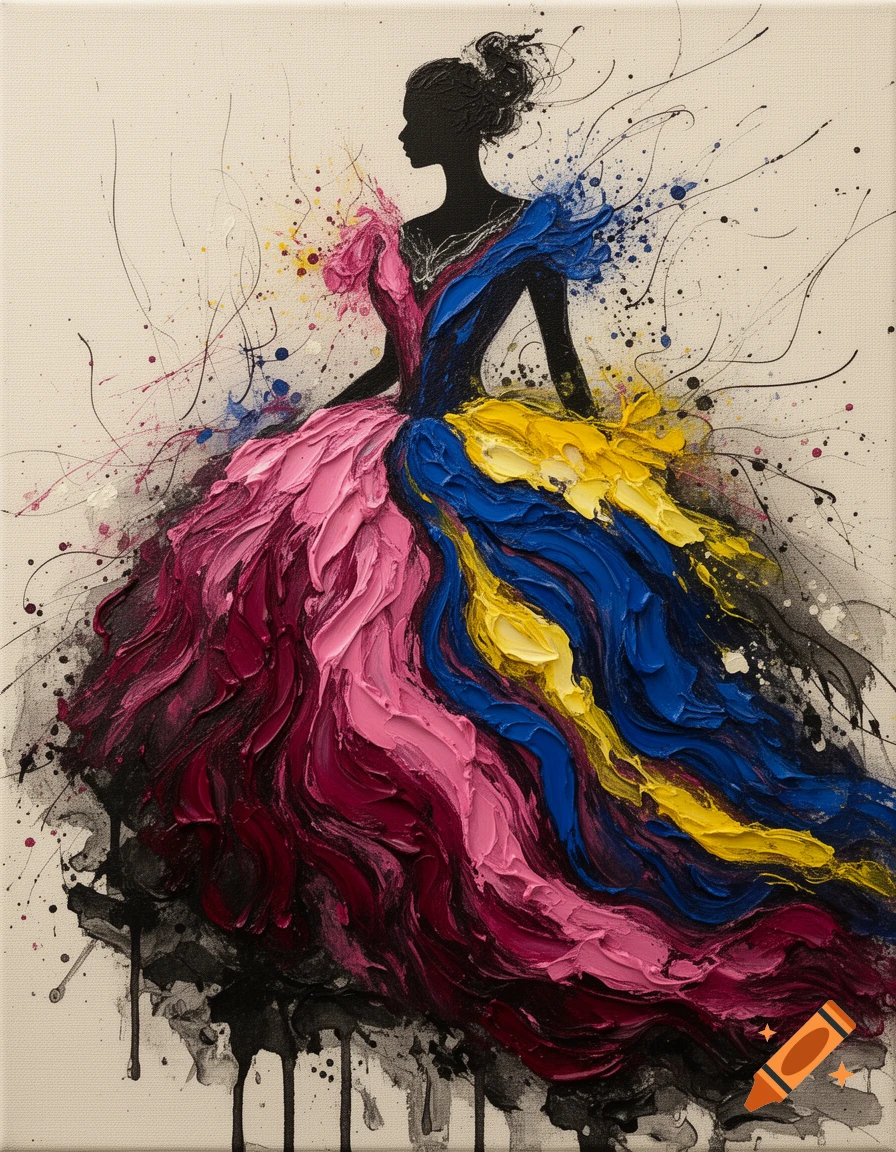 Abstract impressionist oil painting of a female silhouette in a voluminous ballgown with thick strokes of pink, blue, yellow, and red paint, against a cream background.
