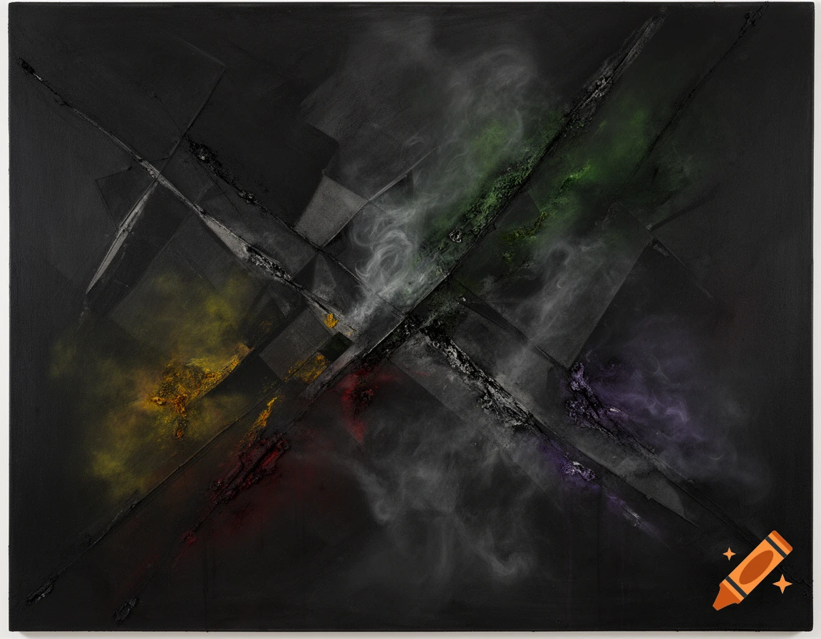 Abstract painting with dark grey and black fractured shapes, featuring smoky wisps of yellow, red, green, and violet colors.