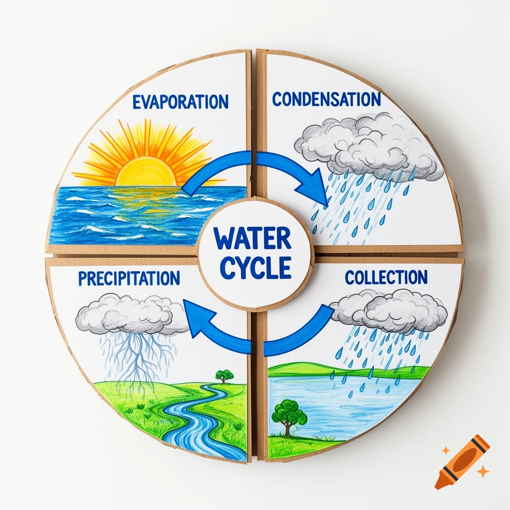 A colorful, hand-drawn water cycle diagram on a cardboard wheel, showing evaporation, condensation, precipitation, and collection with arrows.
