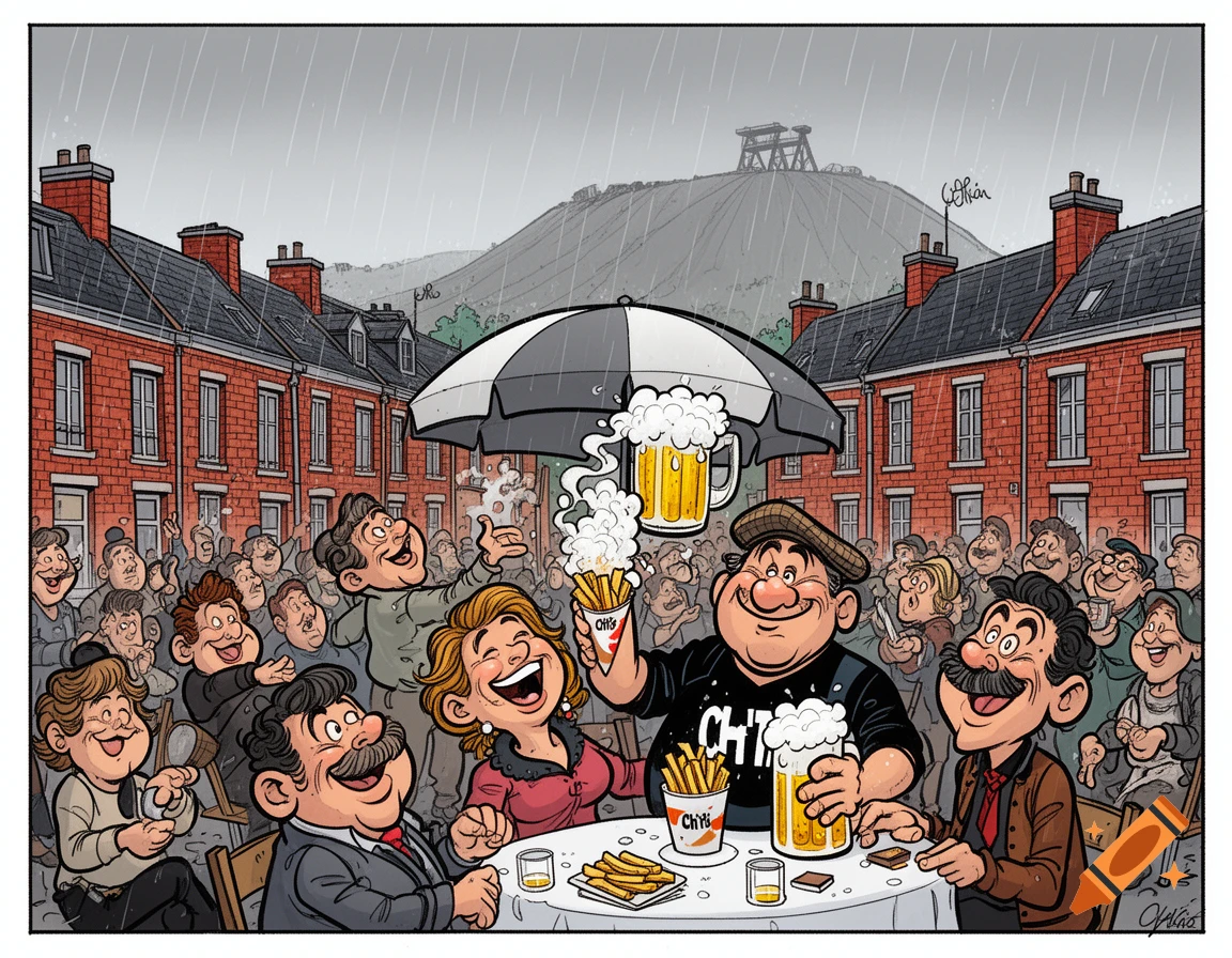 Humorous cartoon of 'Ch'tis' people eating fries and drinking beer under an umbrella in the rain, outside red brick houses.