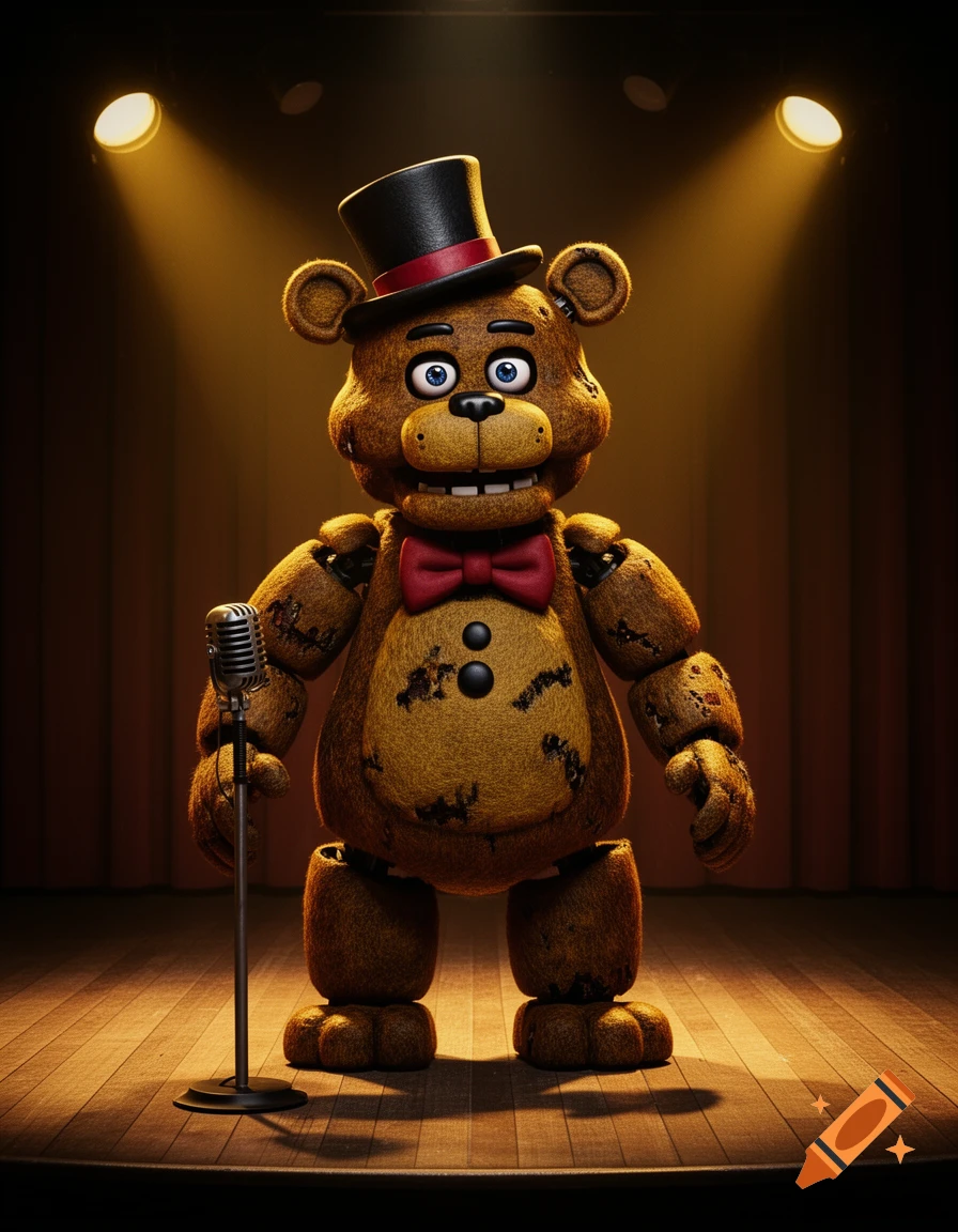 A photorealistic depiction of Freddy Fazbear, a brown animatronic bear in a top hat and bow tie, holding a microphone on a spotlighted stage.