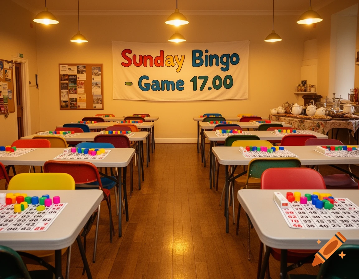A photorealistic image of a brightly lit room set up for bingo, with rows of tables, colorful chairs, bingo cards, and markers. A banner on the wall reads "Sunday Bingo - Game 17.00".