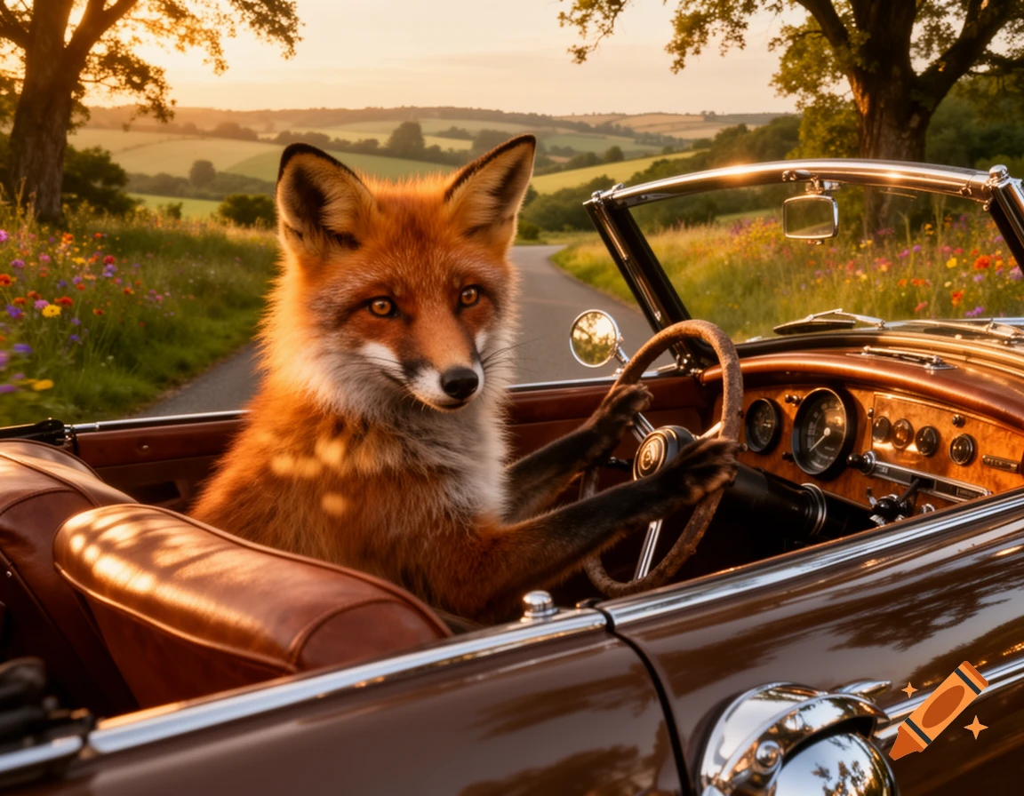 A photorealistic fox drives a vintage brown convertible down a winding country road at sunset, with rolling hills and wildflowers.