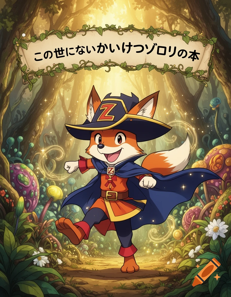 A cheerful cartoon fox in a wizard hat and cape walks in a magical forest with glowing mushrooms, under a banner with Japanese text.