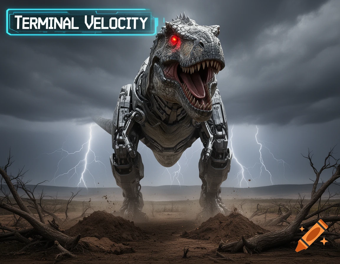 A photorealistic robotic T-Rex with glowing red eyes stands in a barren, stormy landscape with lightning. 'TERMINAL VELOCITY' text floats above.