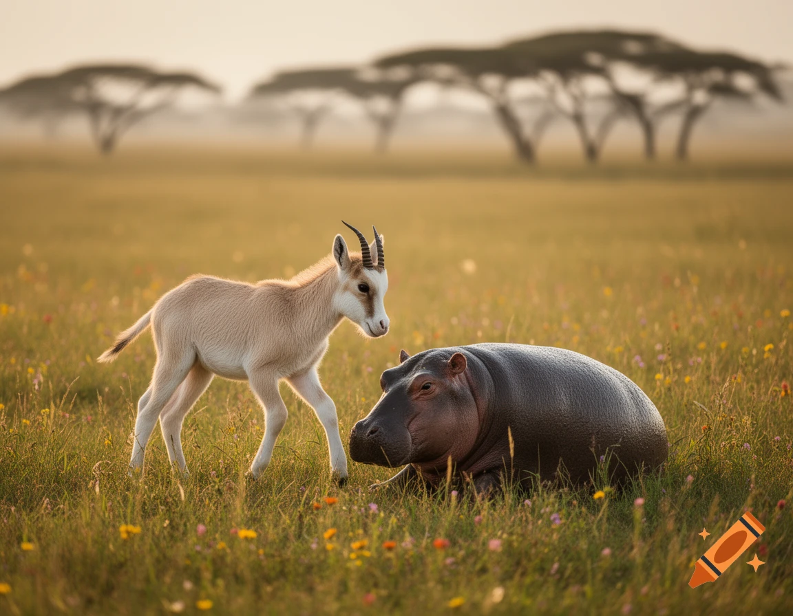 A baby addax stands next to a baby hippo in a sunlit, grassy field with wildflowers and distant acacia trees.