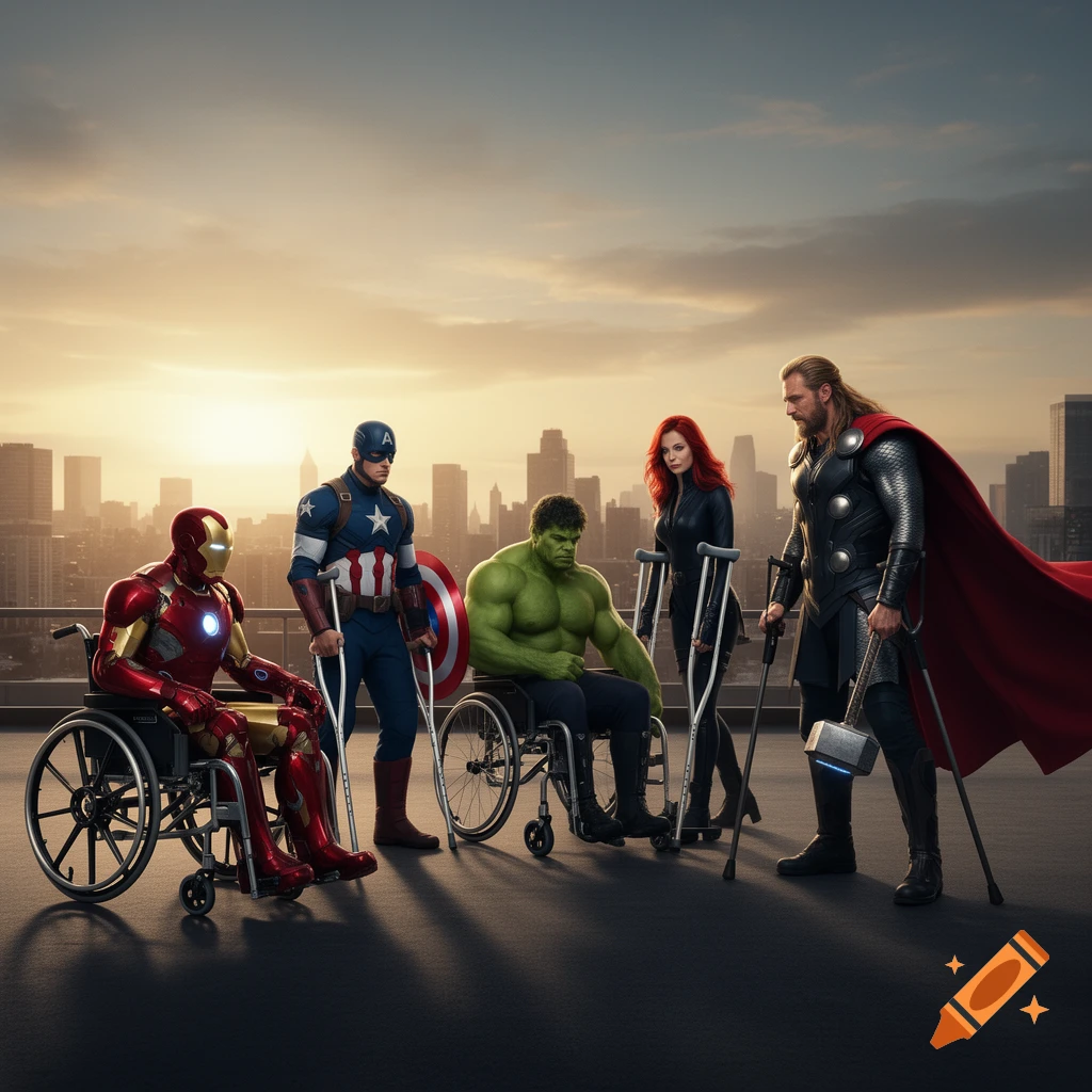 Marvel superheroes Iron Man, Captain America, Hulk, Black Widow, and Thor in wheelchairs or with crutches on a city rooftop at sunset.
