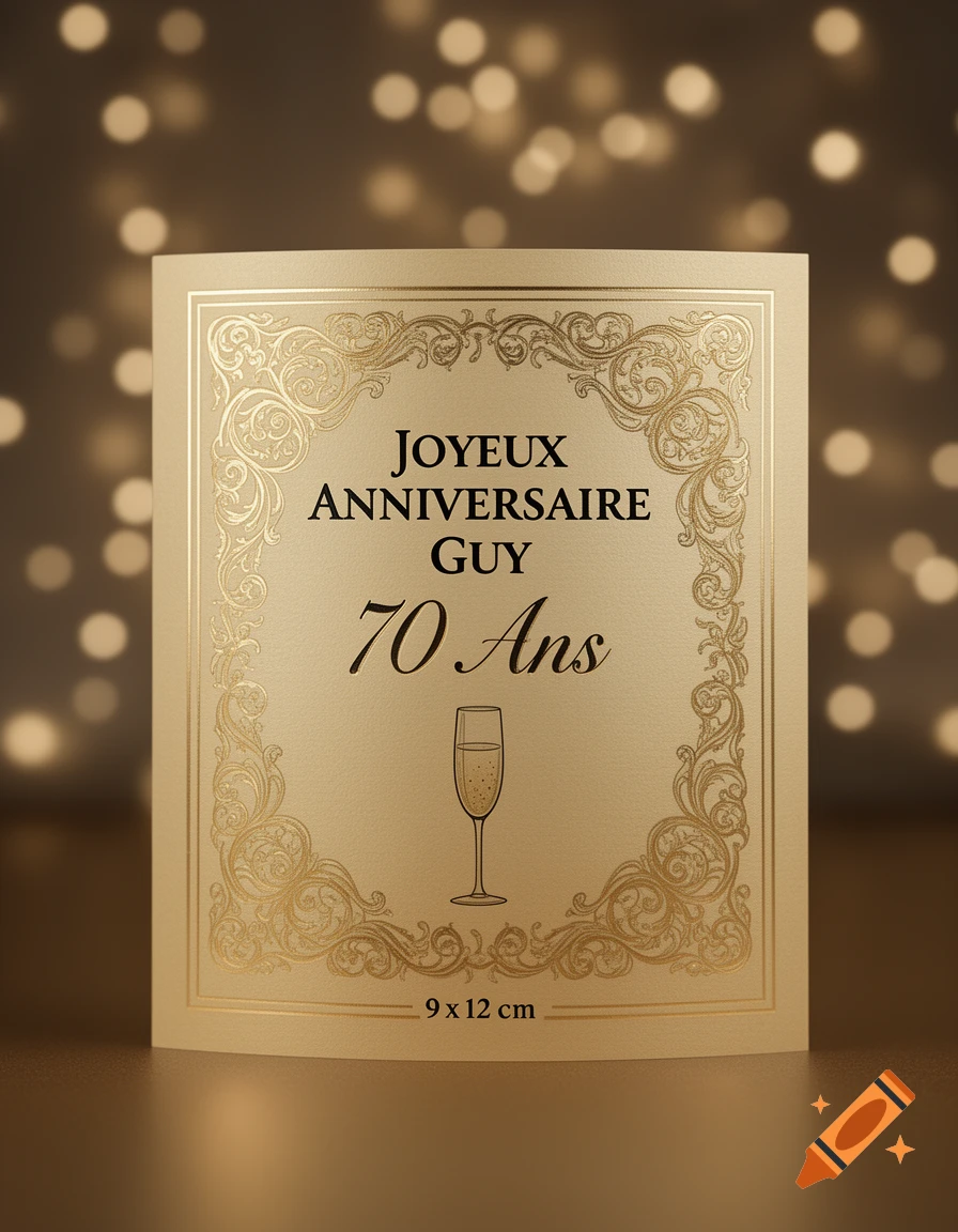 A beige birthday card with golden filigree, featuring "JOYEUX ANNIVERSAIRE GUY 70 Ans" and a champagne glass, against a bokeh background.