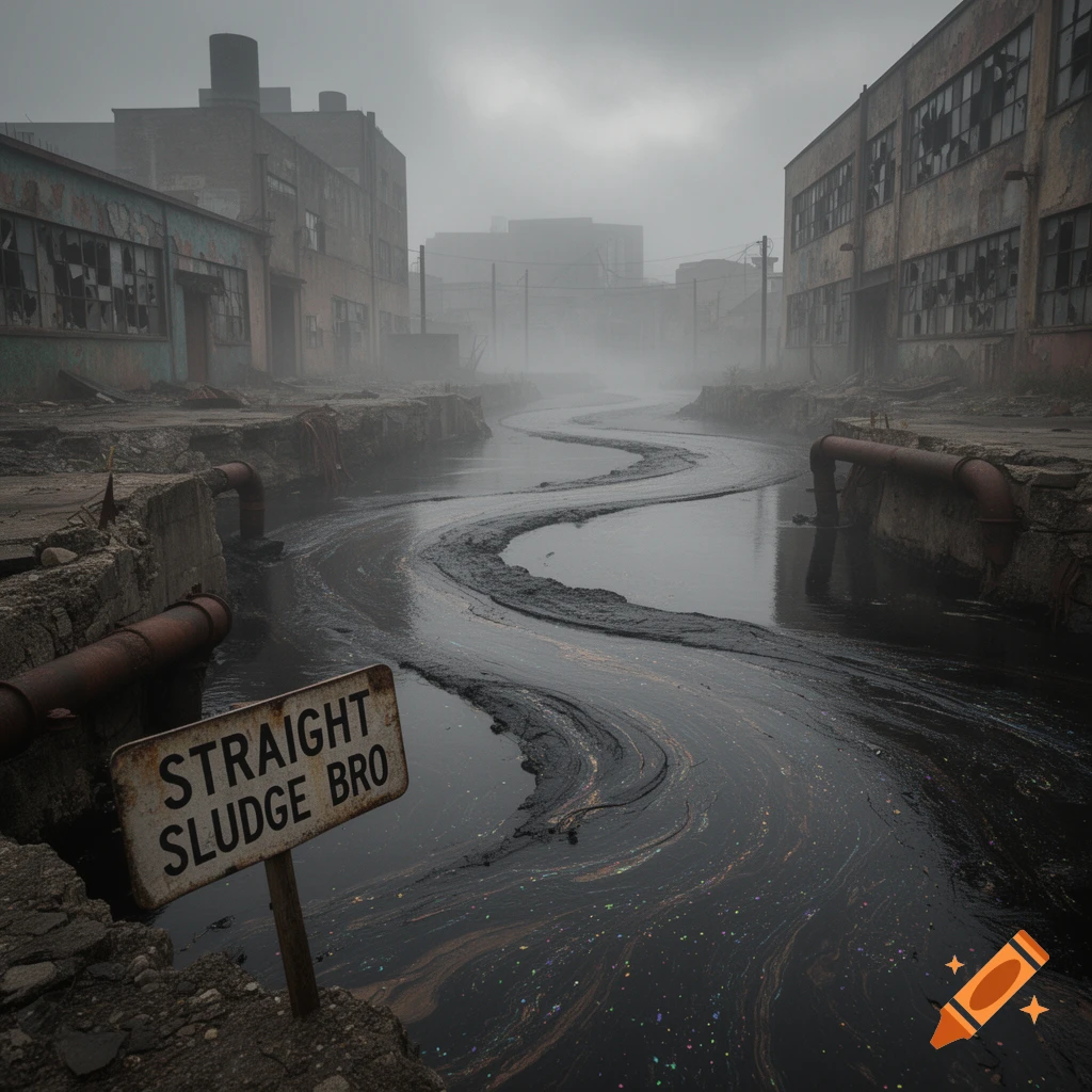 A gloomy, foggy, polluted river with a sign reading 'STRAIGHT SLUDGE BRO' flows through abandoned industrial buildings.