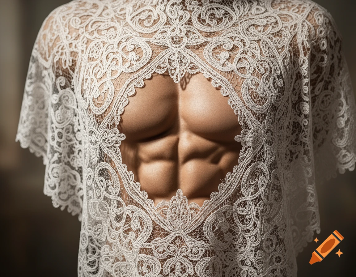 Photorealistic image of a muscular male torso seen through a white, intricate Brussels lace garment.