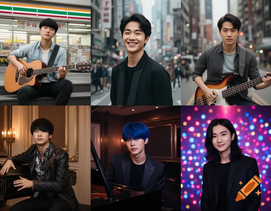 Six portraits of young Asian men, some playing instruments like guitar, bass, and piano, against varied urban and indoor backdrops.