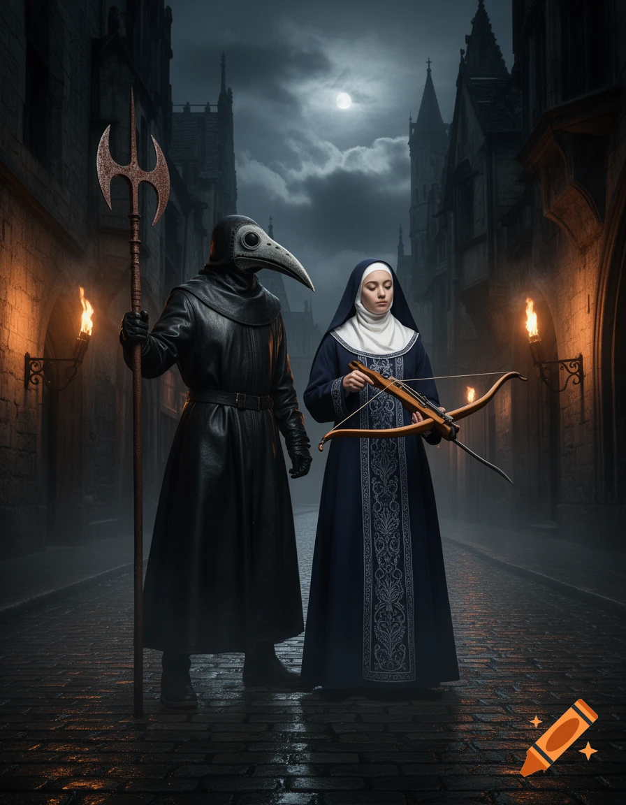 A plague doctor and a nun with a staff and crossbow stand on a dark, wet cobblestone street at night, flanked by old buildings and torchlight under a full moon.