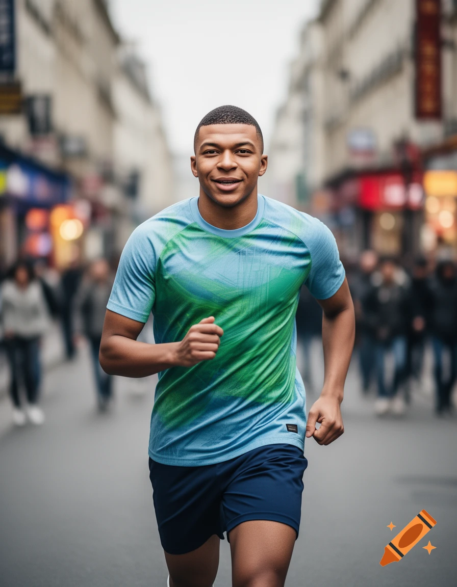 Kylian Mbappe smiles while running in a blue and green t-shirt and dark shorts down a bustling city street.