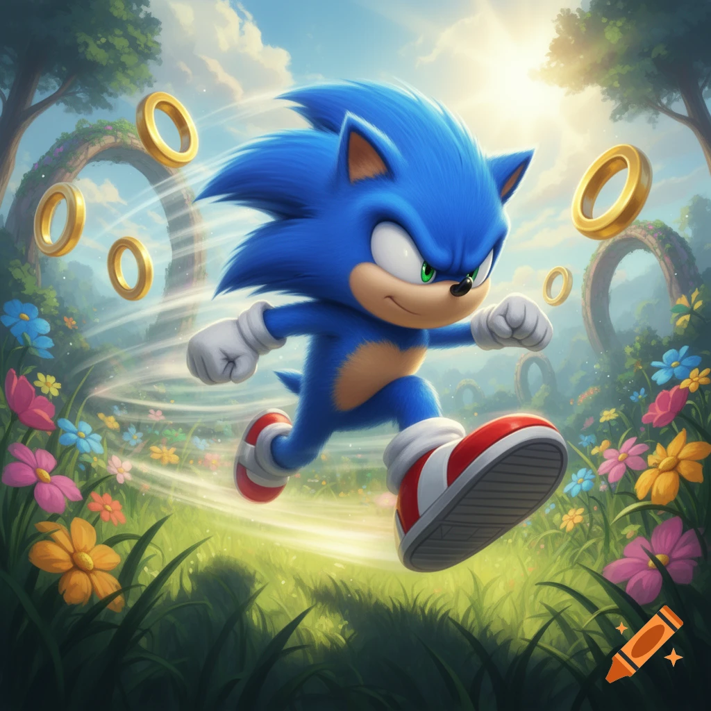 A cartoon blue hedgehog, Sonic, runs super fast through a vibrant green field filled with colorful flowers and gold rings under a sunny sky.