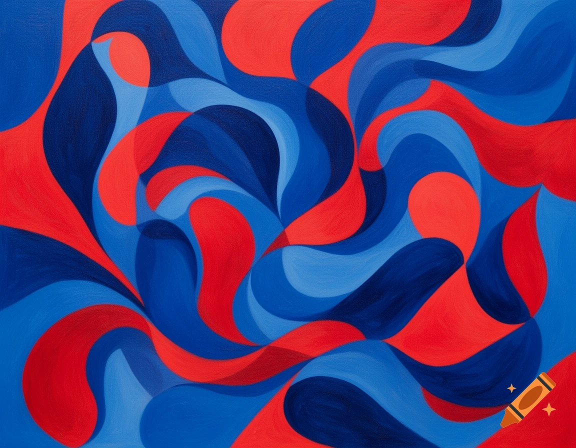 Abstract painting with fluid, interlocking shapes in shades of red and blue.