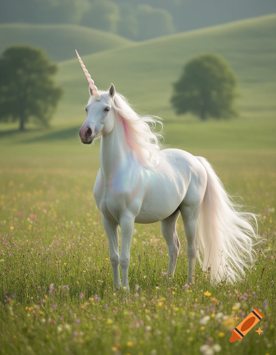 A majestic white unicorn with a pink spiraled horn and flowing, iridescent mane stands in a lush green meadow filled with wildflowers.