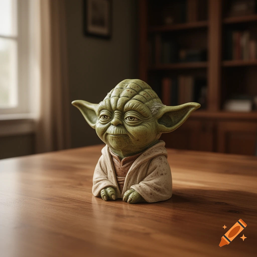 A detailed Yoda figurine in a brown robe sits on a polished wooden table, with a blurred window and bookshelf in the background.
