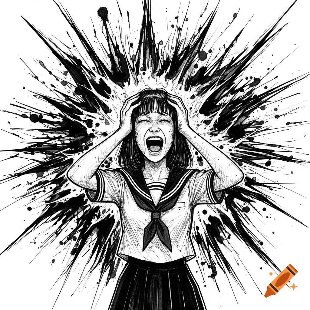 Black and white line art of a screaming girl in a Japanese school uniform, clutching her head as chaotic ink splatters and lines burst around her.