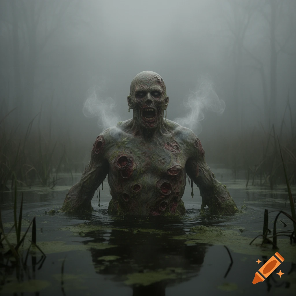 A horrific zombie with exposed wounds emerges from a foggy, murky swamp, steam rising from its body.