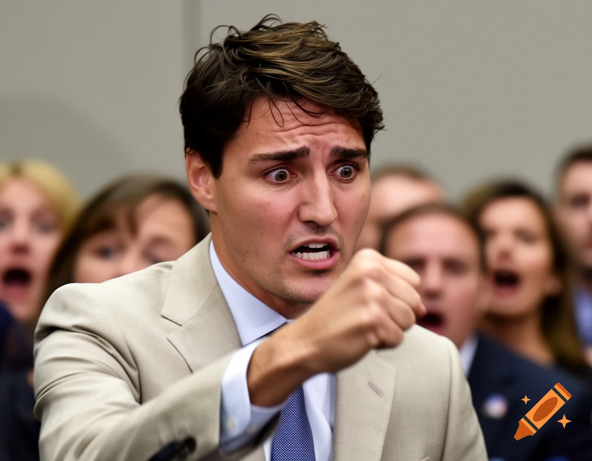 Justin Trudeau with wide eyes, open mouth, and a raised fist, expressing a strong emotion, with a blurry crowd in the background.