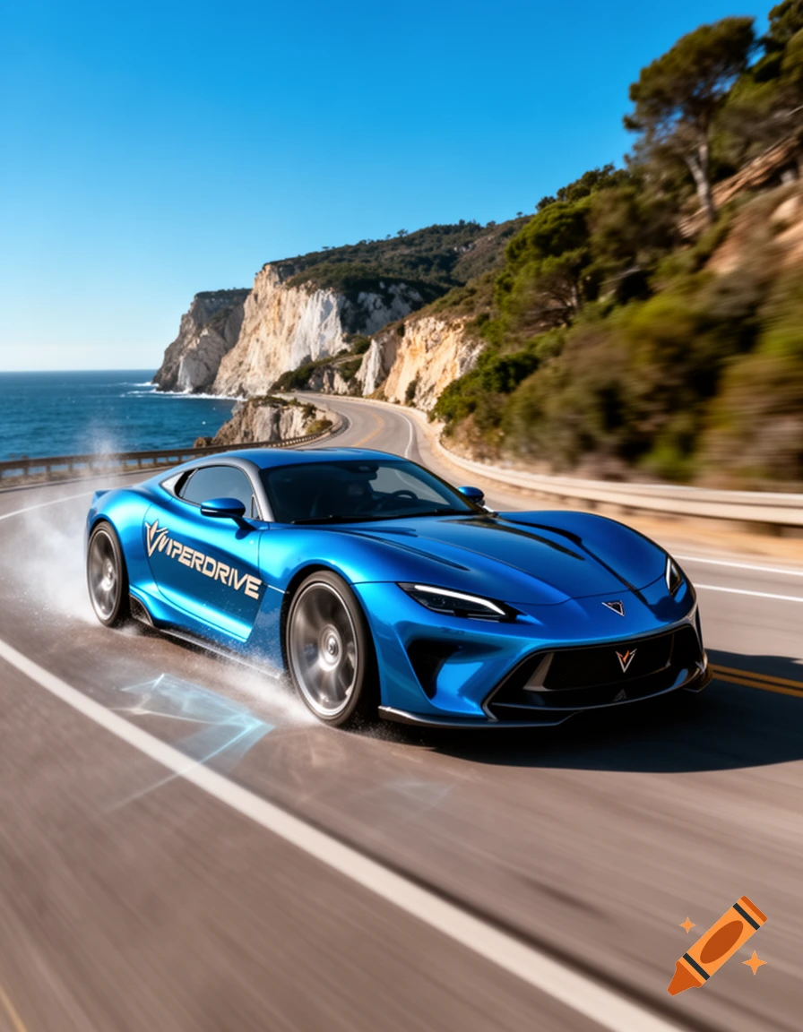 A sleek blue sports car with "VIPERDRIVE" text races on a winding coastal road under a clear sky.