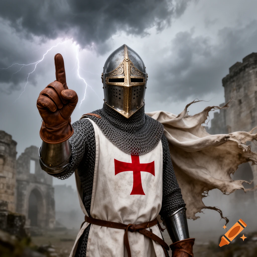 A knight in full armor and a white tunic with a red cross points his index finger upwards, with lightning striking behind him against a stormy sky and ruined castle background.