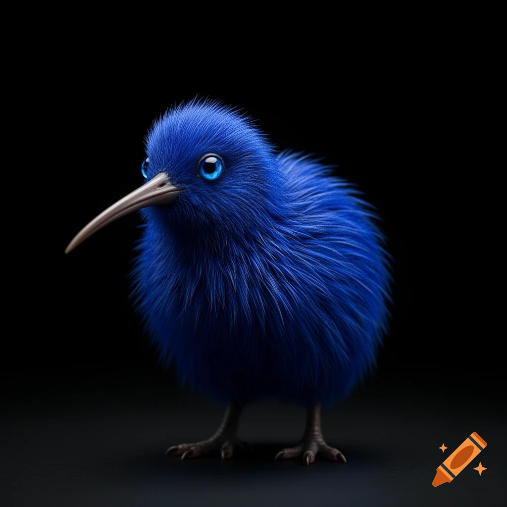 A photorealistic royal blue fluffy bird with bright blue eyes and a long beak, resembling a kiwi, on a dark background.