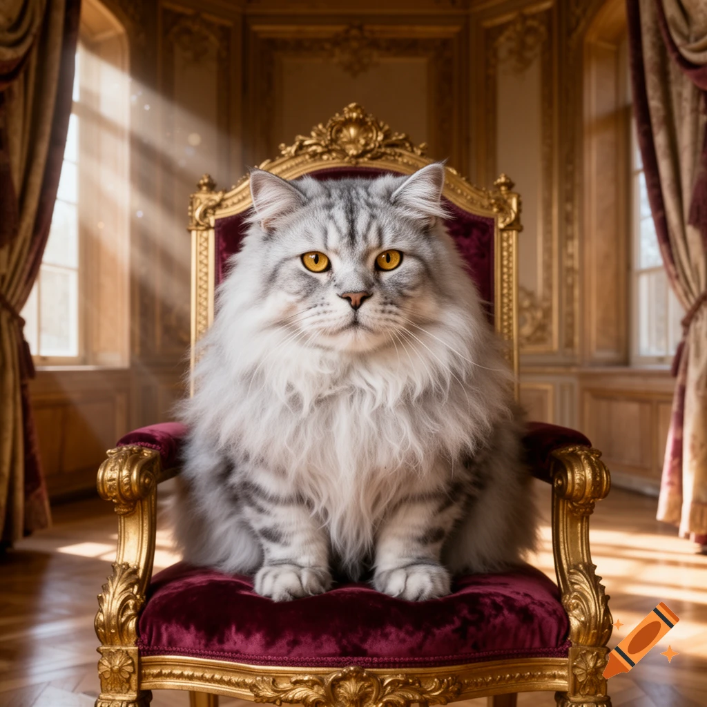 A fluffy grey cat with bright yellow eyes sits regally on an ornate gold and red velvet throne in a luxurious, sunlit room.