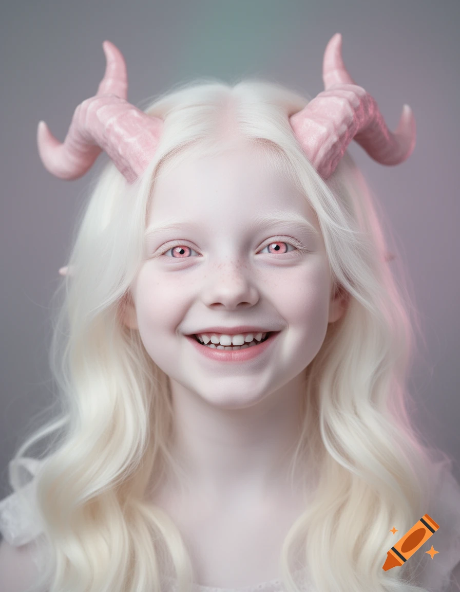 Photorealistic portrait of a smiling albino girl with long cream hair, bright pink eyes, and pink horns.