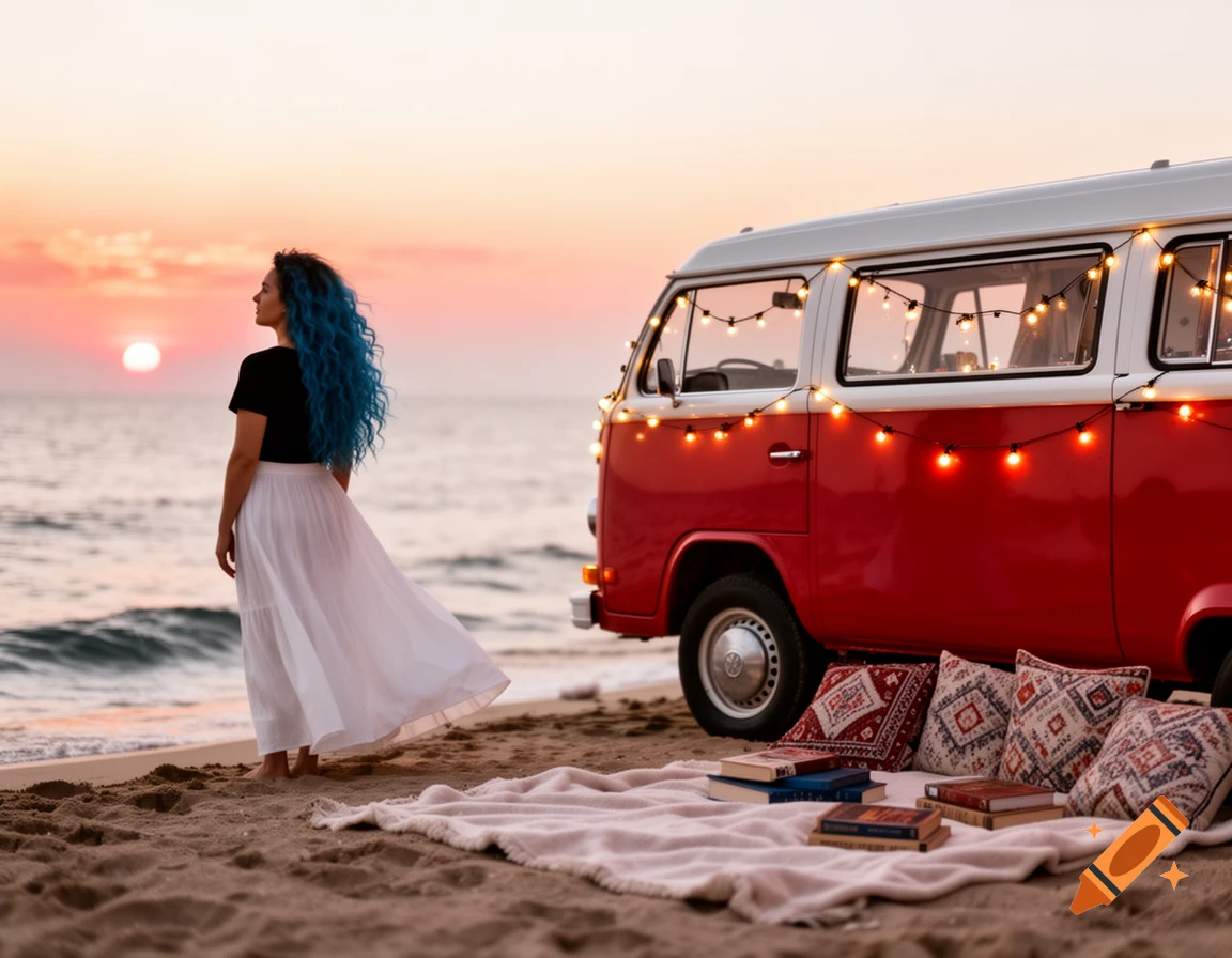 Woman with blue hair looks at sunset on a beach, next to a red and white camper van decorated with string lights.