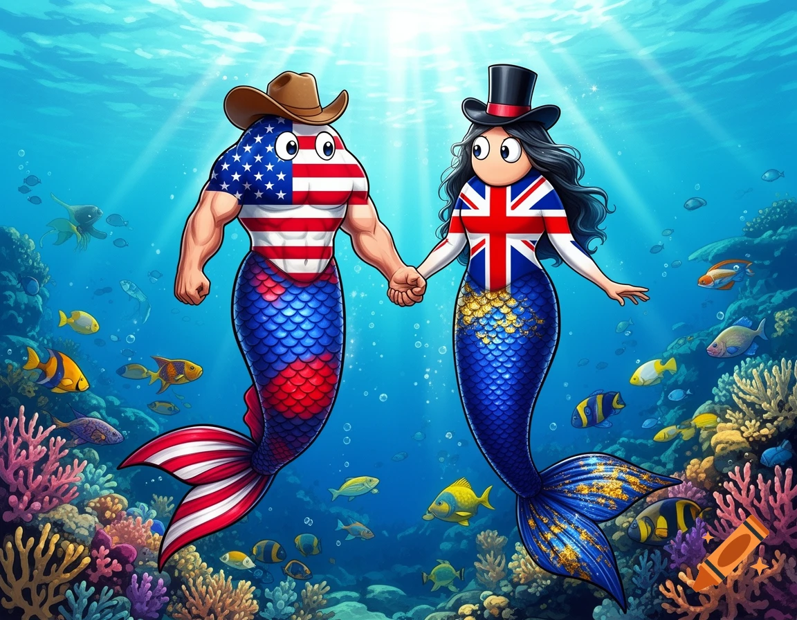 Cartoon merman with US flag torso and mermaid with UK flag torso holding hands underwater amidst coral and fish.